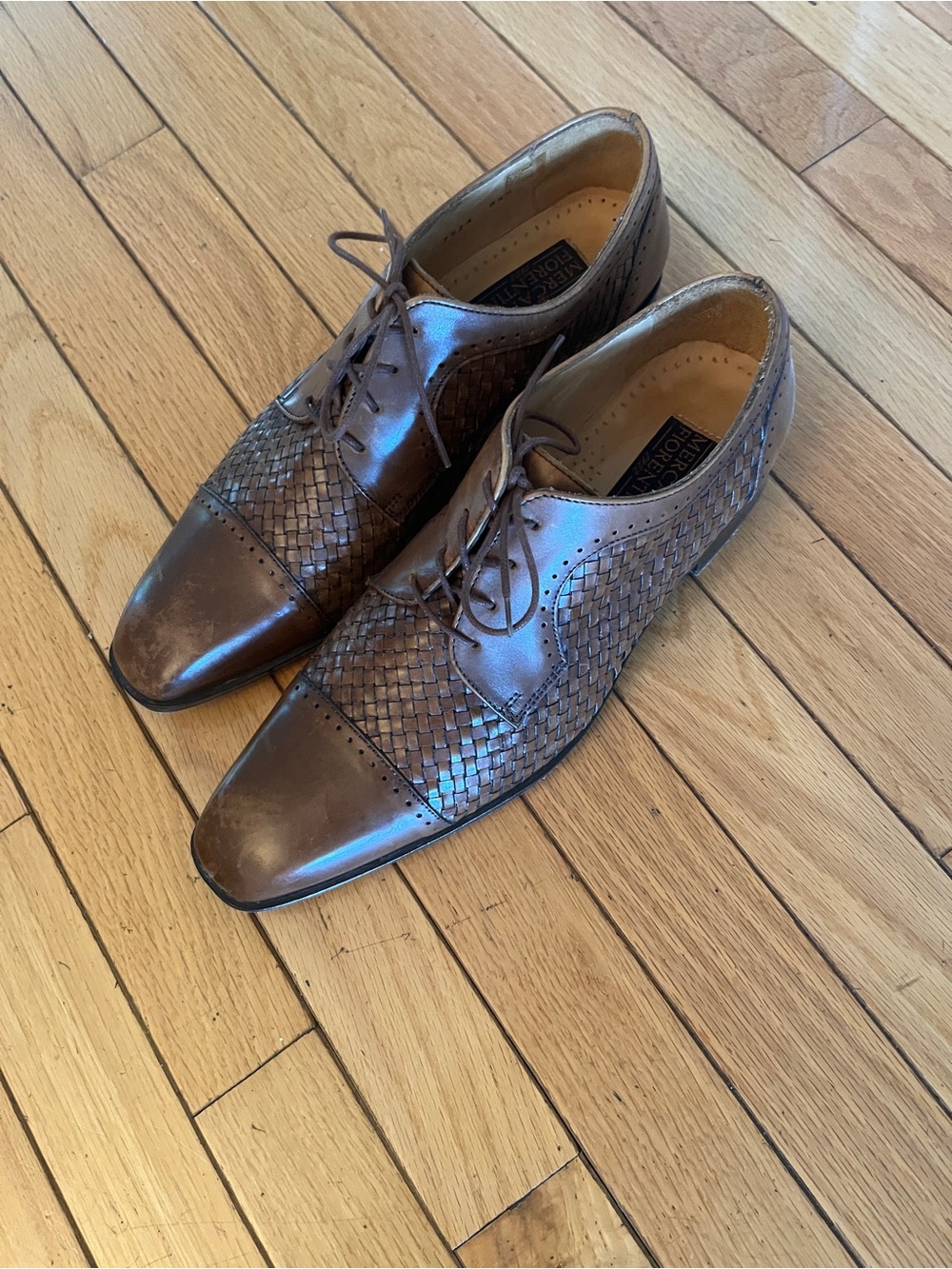 Mercanti Fiorentini Brown Woven Leather Derby Oxfords